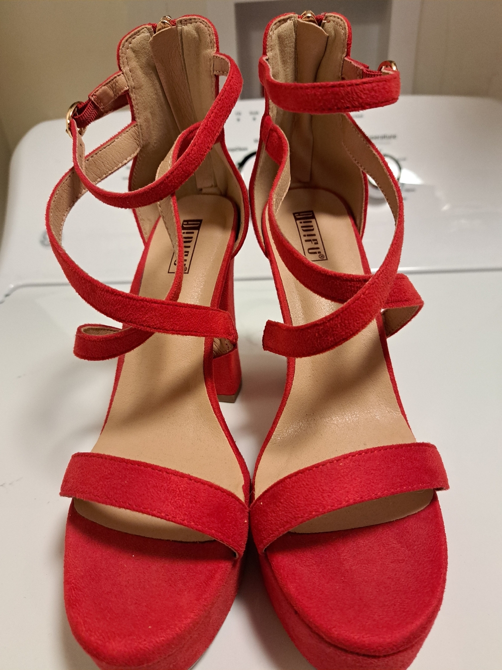 IDIFU Red Suede Strappy Block Heel Sandals
